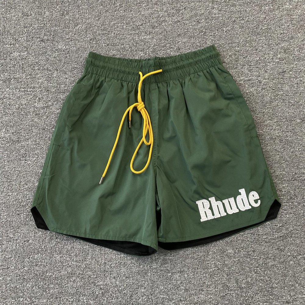 Rhude Classic Spellout Nylon Green Shorts W/ Extended Drawstrings